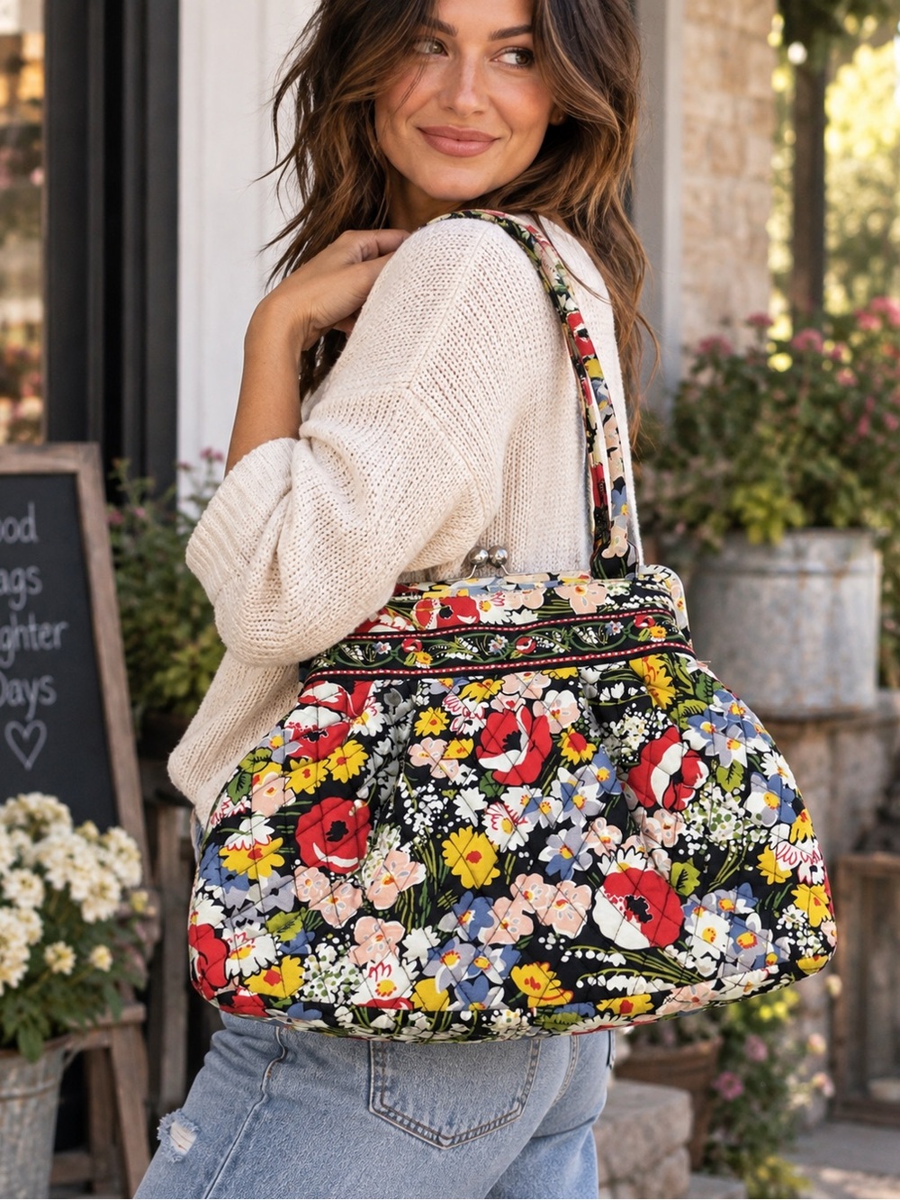 Vera Bradley Poppy Fields Alice Satchel Kiss Lock Floral Bag